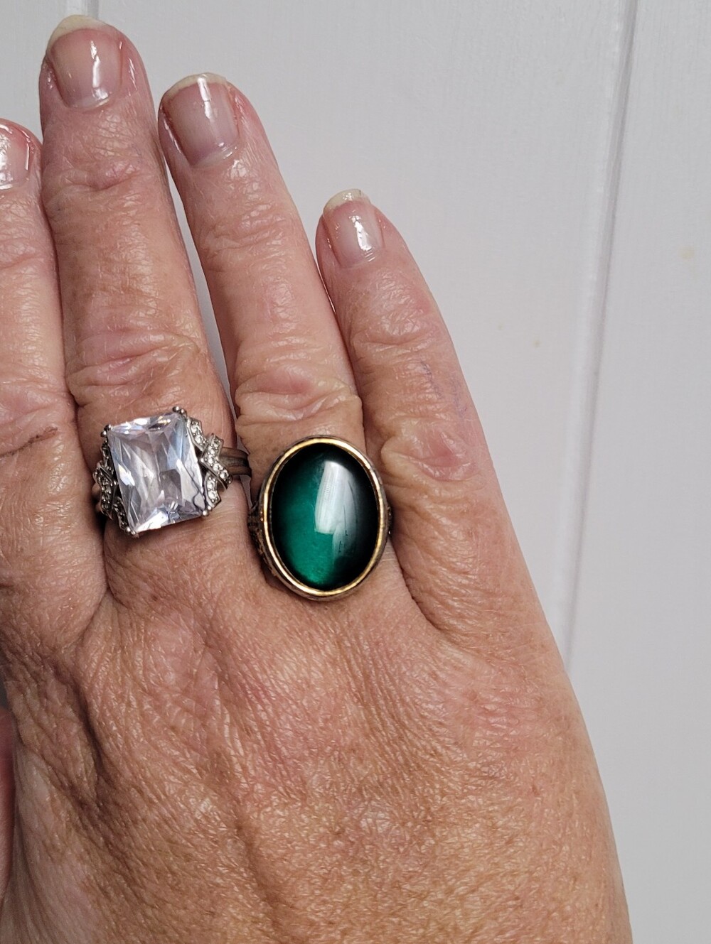 Hand Crafted Teal Green Oval Cabochon Ring with Gold Antique Bezel